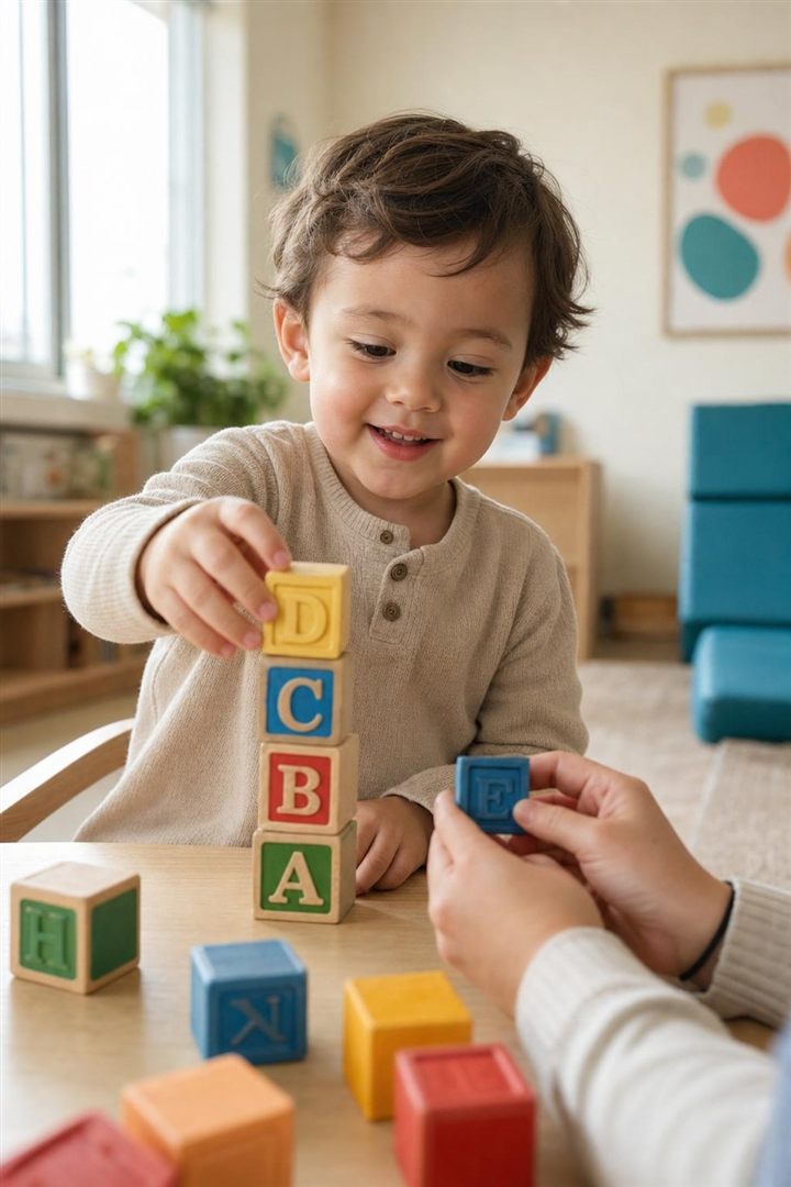 A toddler stacking colorful blocks at the Developing Minds clinic