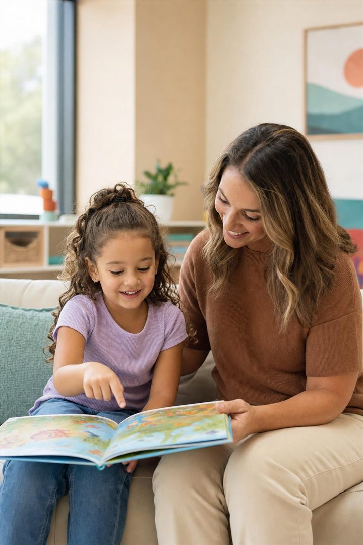 A child reading a picture book with a clinician