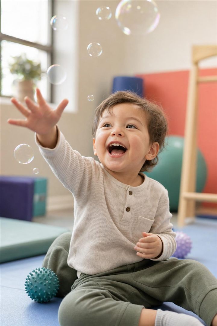 A child laughing while playing with bubbles in a therapy session