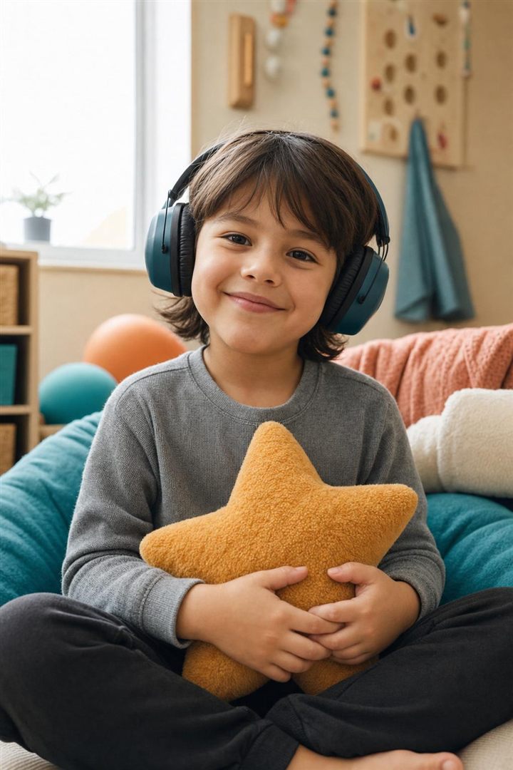 A child wearing noise-reducing headphones, smiling and holding a star toy